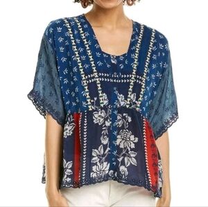 Johnny Was Navy and Red Patchwork Floral Peasant Blouse